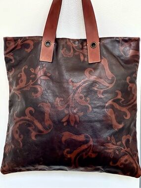 FALOR le Borse Brown Embossed Leather Tote Bag with Sienna Tooling